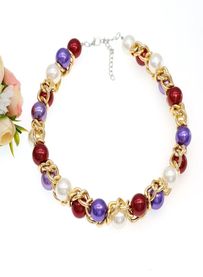 CIOOU Pearl Choker Necklace For Women Large Chunky Bib Simulated Pearl Strand Statement Necklace Big Beaded Pearl Costume Jewelry (Burgundy purple with pearl with link) - Image 5
